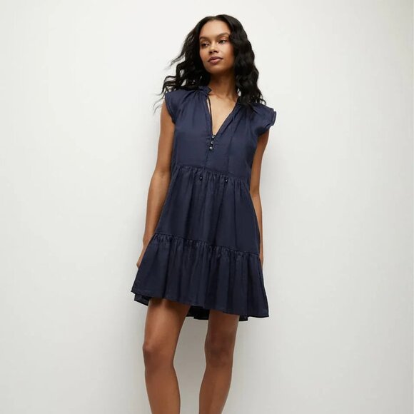 Veronica Beard Sz 2‎ XS Navy Blue Zee Linen Tiered Mini Dress Sleeveless Ruffle - Picture 1 of 14